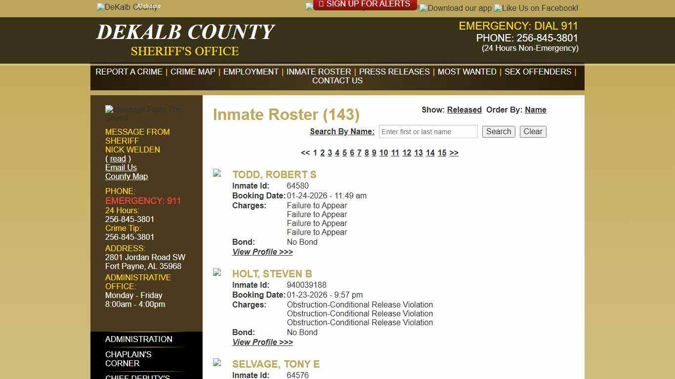 Inmate Roster - Current Inmates Booking Date Descending - DeKalb County Sheriff's Office - Fort Payne, Alabama